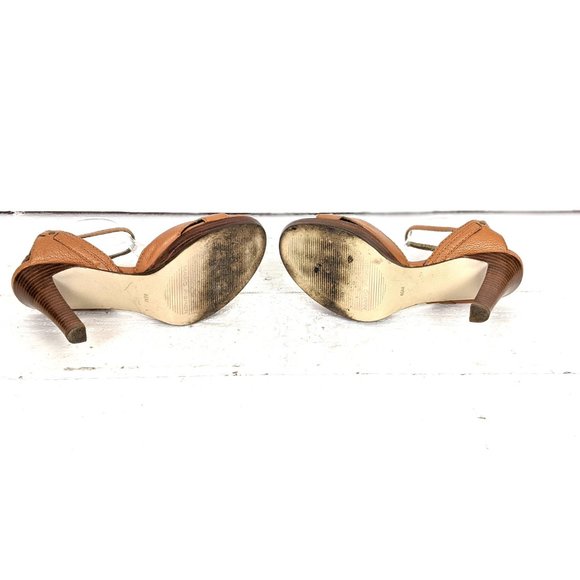 Marc Fisher tan brown leather high heel buckle open toe ankle strap sandals 6.5 - Picture 8 of 8